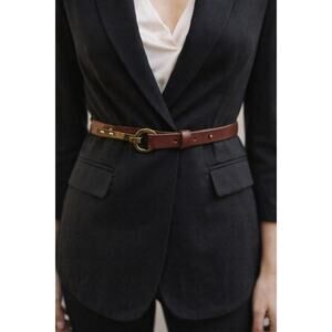 Linea Pelle Brown Leather Skinny Belt Antique Gold Hook Ring Buckle XL